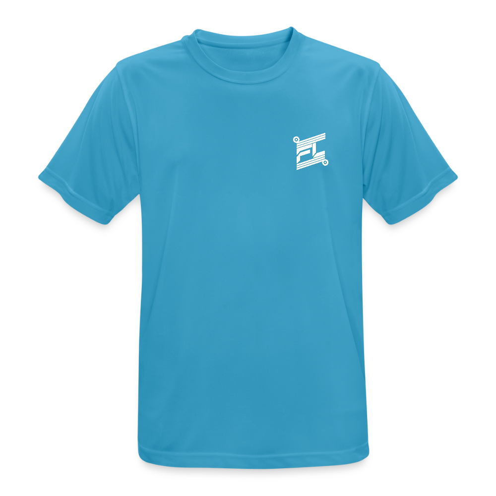 T-shirt respirant homme FL-Fit bleu saphir profond, coupe classique sport, logo FL blanc minimaliste poitrine, matière technique anti-transpiration, col rond renforcé, manches courtes, fond blanc isolé, packshot e-commerce