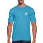 T-shirt technique homme FL-Fit bleu saphir vue trois-quarts, logo FL blanc poitrine sans bordure, tissu léger respirant, finitions sportswear, fond blanc
