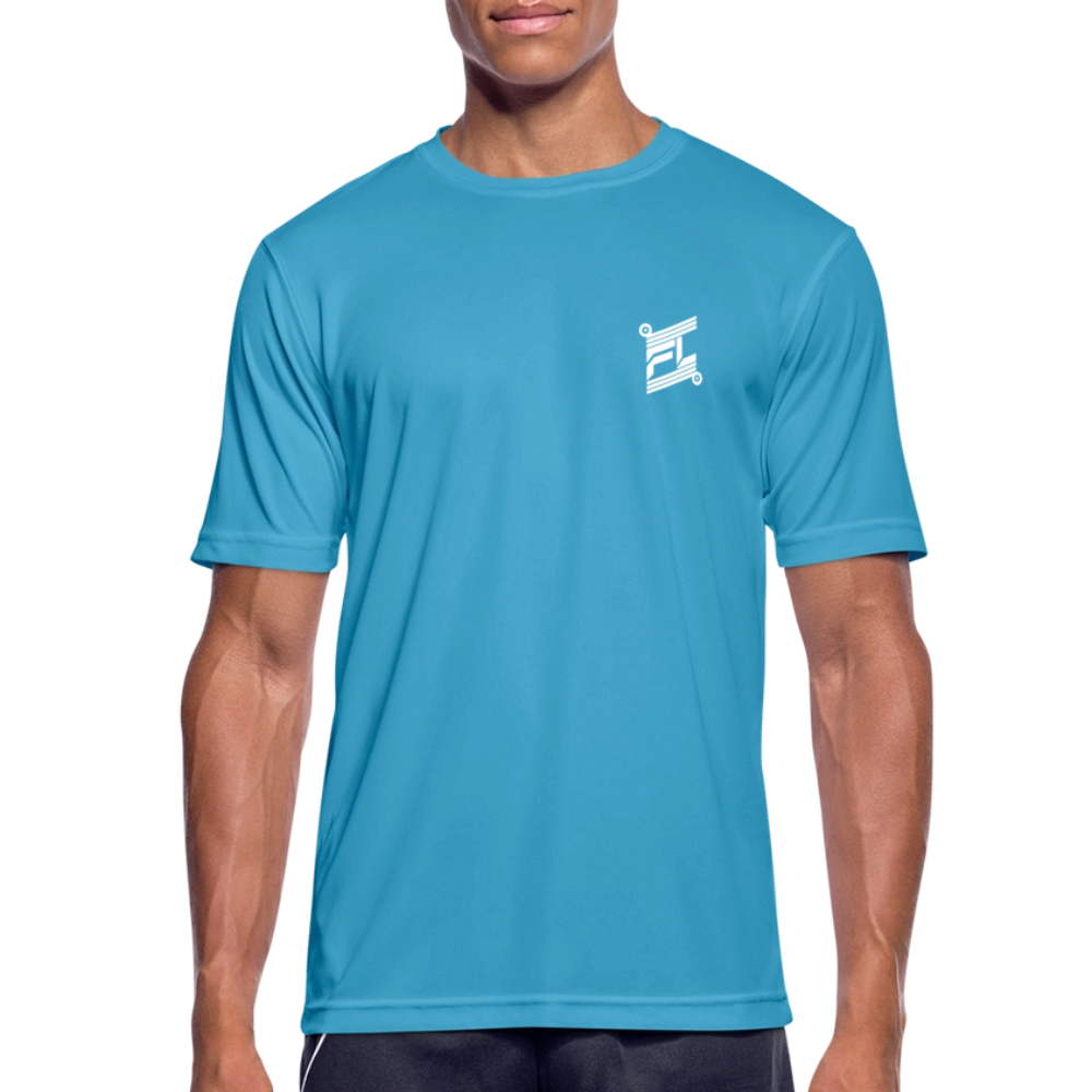 T-shirt technique homme FL-Fit bleu saphir vue trois-quarts, logo FL blanc poitrine sans bordure, tissu léger respirant, finitions sportswear, fond blanc