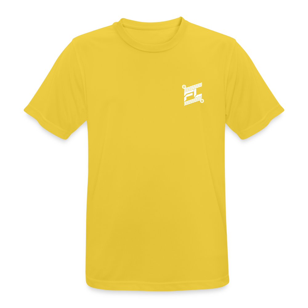 T-shirt respirant homme FL-Fit jaune soleil lumineux, coupe classique sport, logo FL blanc minimaliste poitrine, matière technique anti-transpiration, col rond renforcé, manches courtes, ton estival énergisant, fond blanc isolé
