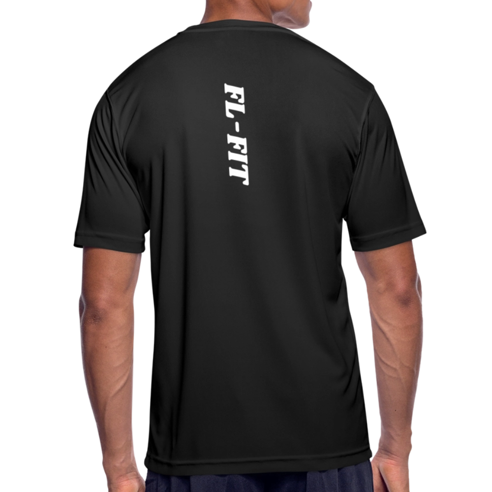 Dos t-shirt respirant homme FL-Fit noir, logo FL-FIT blanc vertical imprimé, grande typographie dos graphique fort contraste, matière stretch technique, style urbain monochrome, fond blanc isolé