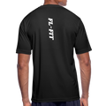 Dos t-shirt respirant homme FL-Fit noir, logo FL-FIT blanc vertical imprimé, grande typographie dos graphique fort contraste, matière stretch technique, style urbain monochrome, fond blanc isolé