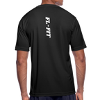 Dos t-shirt respirant homme FL-Fit noir, logo FL-FIT blanc vertical imprimé, grande typographie dos graphique fort contraste, matière stretch technique, style urbain monochrome, fond blanc isolé