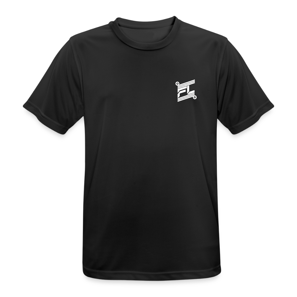 T-shirt respirant homme FL-Fit noir, coupe classique sport, logo FL blanc minimaliste poitrine contrasté, matière technique anti-transpiration, col rond renforcé, manches courtes, fond blanc isolé, packshot e-commerce