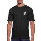 T-shirt technique homme FL-Fit noir vue trois-quarts, logo FL blanc poitrine sans bordure net, tissu léger respirant, finitions sportswear, fond blanc