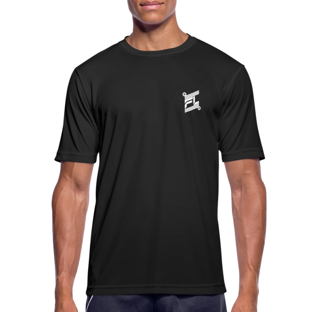 T-shirt technique homme FL-Fit noir vue trois-quarts, logo FL blanc poitrine sans bordure net, tissu léger respirant, finitions sportswear, fond blanc