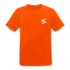 T-shirt respirant homme FL-Fit orange néon fluo, coupe classique sport, logo FL blanc minimaliste poitrine, matière technique anti-transpiration, col rond renforcé, manches courtes, visibilité haute intensité, fond blanc isolé