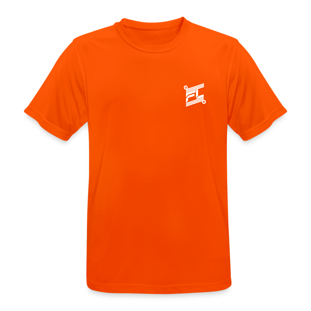 T-shirt respirant homme FL-Fit orange néon fluo, coupe classique sport, logo FL blanc minimaliste poitrine, matière technique anti-transpiration, col rond renforcé, manches courtes, visibilité haute intensité, fond blanc isolé