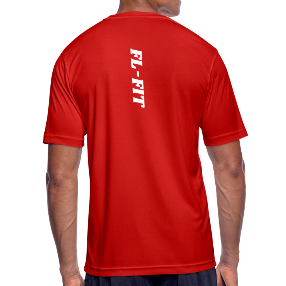Dos t-shirt respirant homme FL-Fit rouge, logo FL-FIT blanc vertical imprimé, grande typographie dos graphique, matière stretch technique, fond blanc isolé
