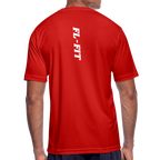Dos t-shirt respirant homme FL-Fit rouge, logo FL-FIT blanc vertical imprimé, grande typographie dos graphique, matière stretch technique, fond blanc isolé
