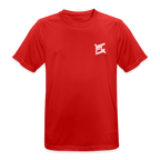 T-shirt respirant homme FL-Fit rouge vif, coupe classique sport, logo FL blanc minimaliste poitrine, matière technique anti-transpiration, col rond renforcé, manches courtes, fond blanc isolé, packshot e-commerce