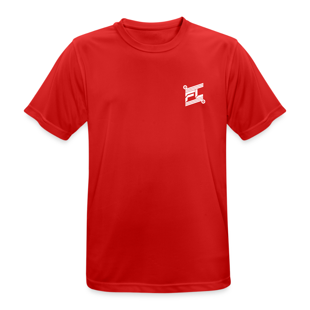 T-shirt respirant homme FL-Fit rouge vif, coupe classique sport, logo FL blanc minimaliste poitrine, matière technique anti-transpiration, col rond renforcé, manches courtes, fond blanc isolé, packshot e-commerce