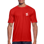 T-shirt technique homme FL-Fit rouge vue trois-quarts, logo FL blanc poitrine sans bordure, tissu léger respirant, finitions sportswear, fond blanc
