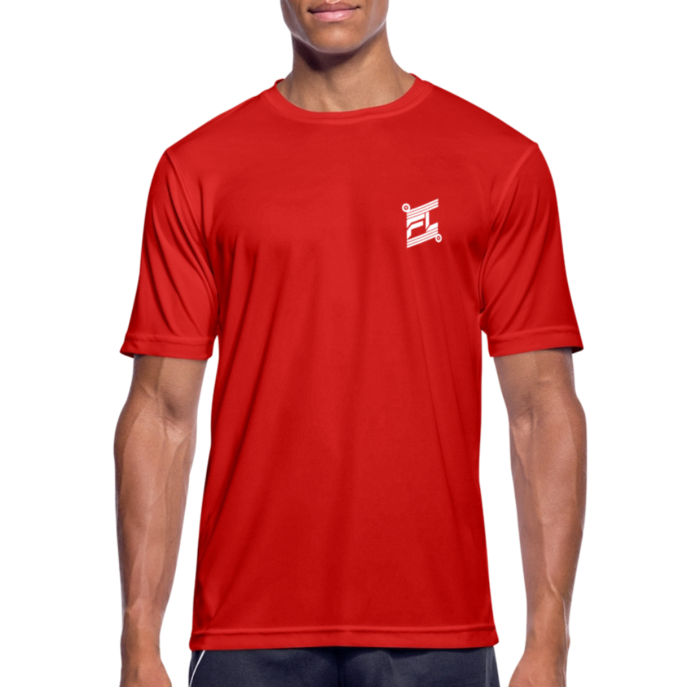 T-shirt technique homme FL-Fit rouge vue trois-quarts, logo FL blanc poitrine sans bordure, tissu léger respirant, finitions sportswear, fond blanc
