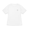 T-shirt de sport blanc à manches courtes pour femme, avec un petit logo gris imprimé sur la poitrine gauche, présenté de face sur fond blanc.