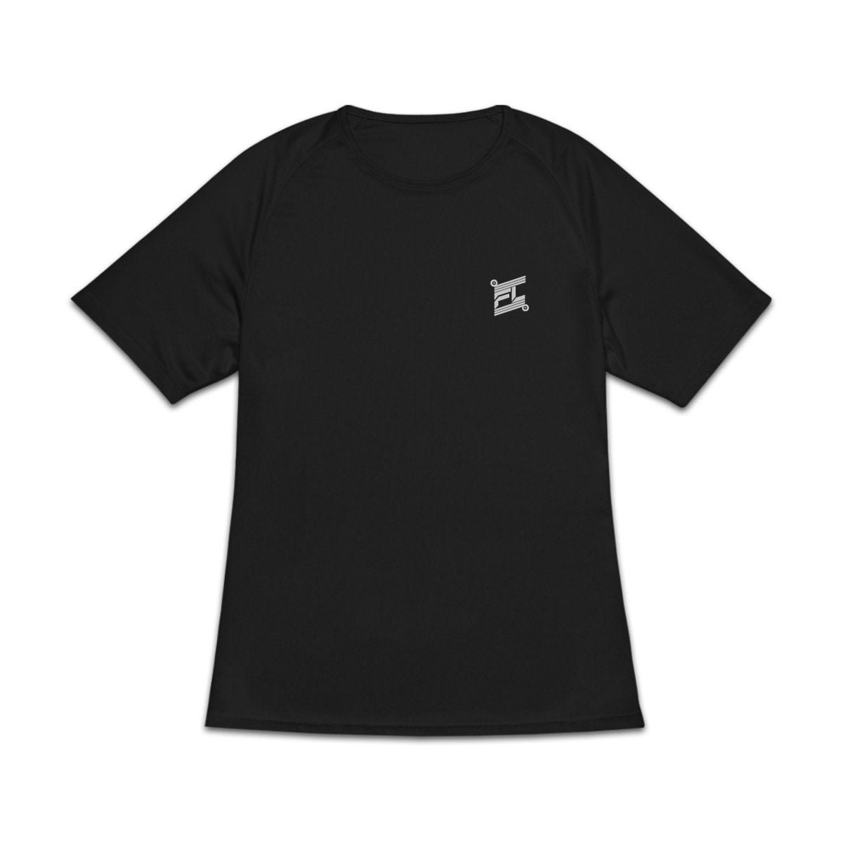 T-shirt de sport noir à manches courtes pour femme, avec un petit logo blanc imprimé sur la poitrine gauche, présenté de face sur fond blanc.