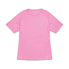 T-shirt de sport rose à manches courtes pour femme, avec un petit logo blanc imprimé sur la poitrine gauche, présenté de face sur fond blanc.