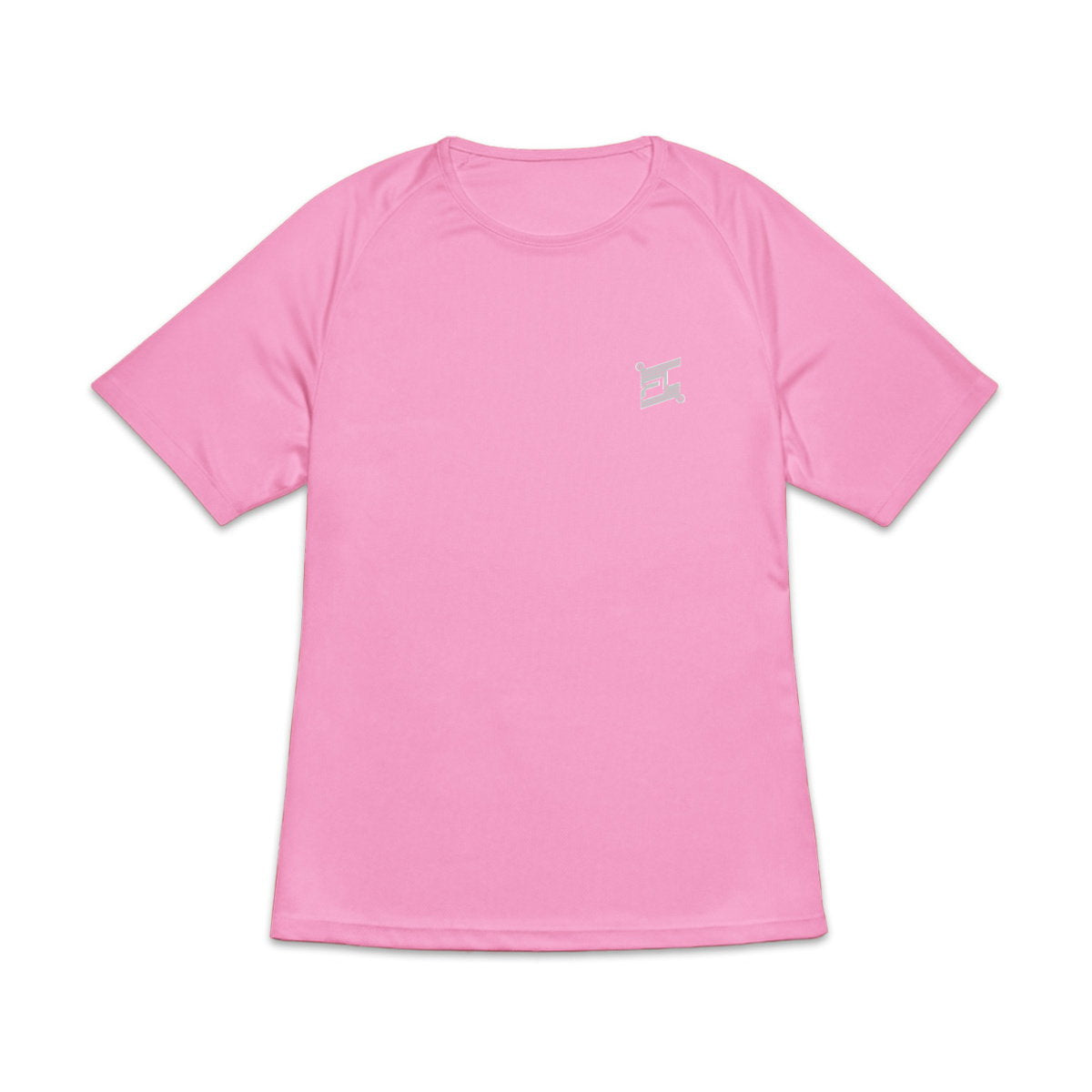 T-shirt de sport rose à manches courtes pour femme, avec un petit logo blanc imprimé sur la poitrine gauche, présenté de face sur fond blanc.